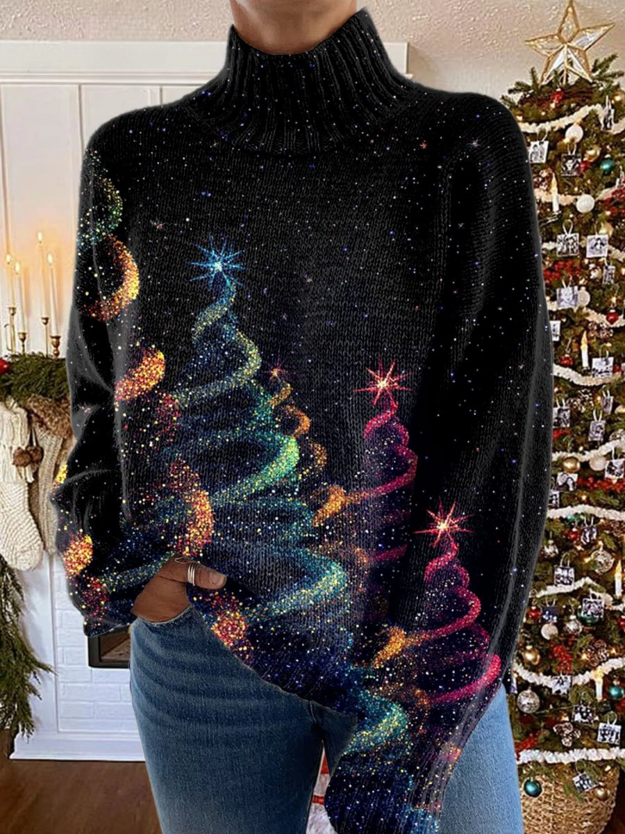 Glitter Christmas Tree Turtleneck Sweater